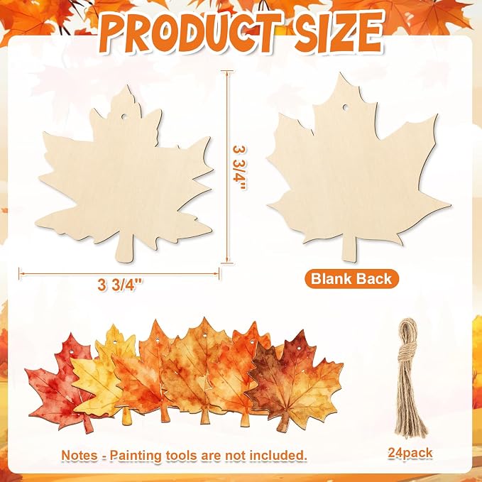 COCHIE Fall Leaves Wood Crafts to Paint Set of 24, Autumn Leaf Unfinished - Image 2