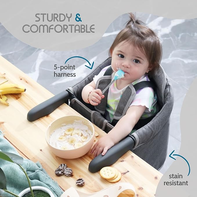 Tinybow Hook On High Chair for Baby, High Chair That Attaches to Table - Clip On High Chair to Table, Portable High Chair for Travel, Highchair for Baby Seat - Portable Baby Chair for Eating, Gray