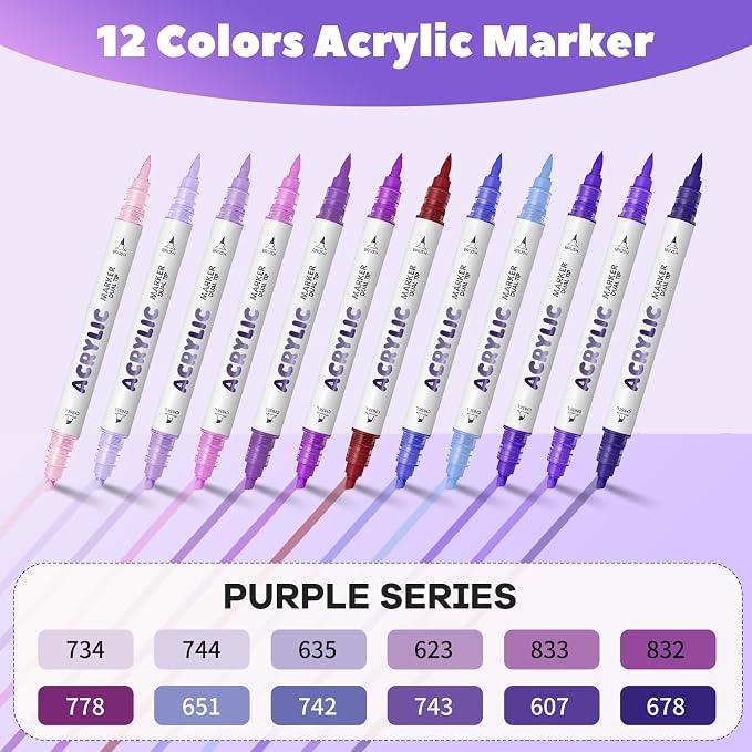 Purple Acrylic Paint Pens, Water Based 12 Colors Dual Tip Acrylic Paint Markers - Image 2