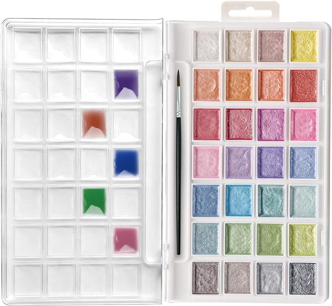 Artecho 28 Metallic Watercolor Paint Set, Glitter Colors, Semi-Moist by Artecho