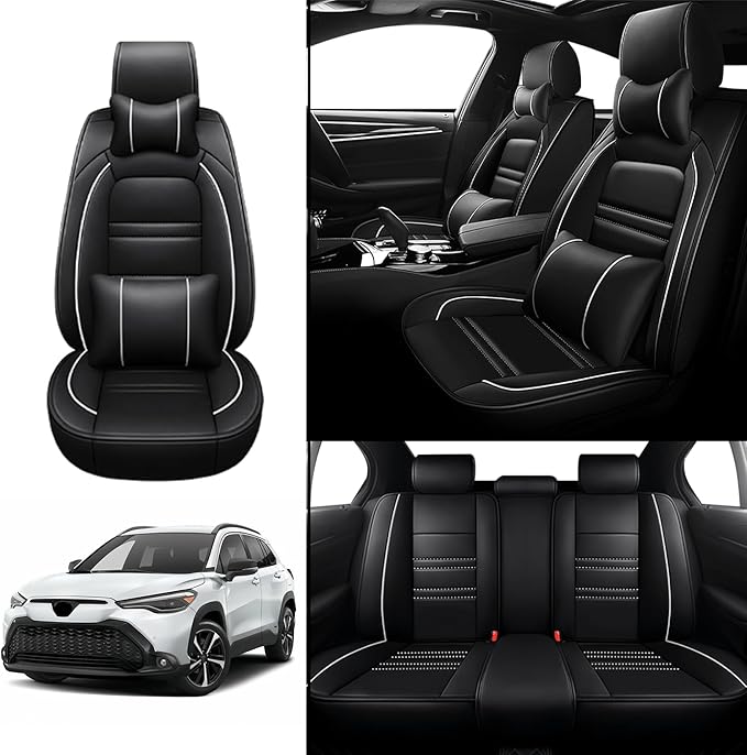 Car Seat Covers for Toyota Corolla Cross 2022-2025 | 5-Seats Seat Covers, Waterproof Seat Protectors, Automotive Seat Covers (Full Set with Pillow,Black&White Line)