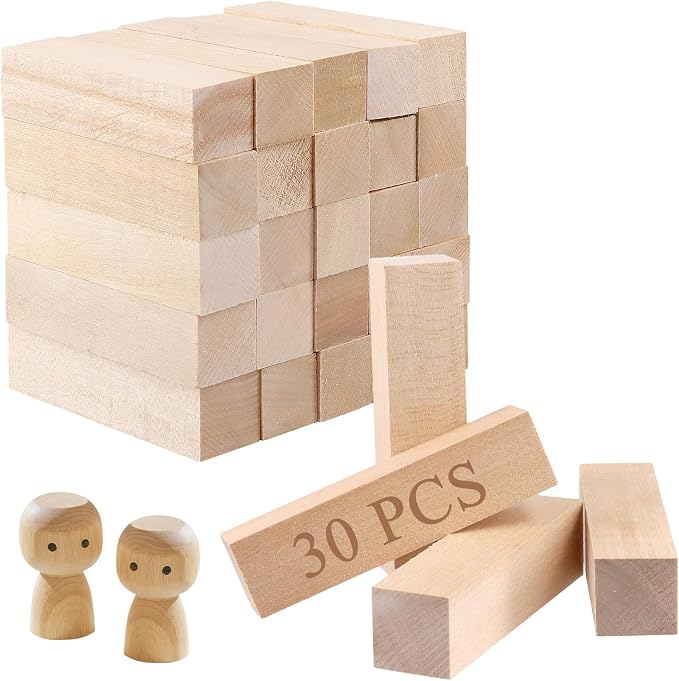 HAKZEON 30 Pack 4 x 1 x 1 Inch Basswood Carving Blocks, Unfinished Wooden Cubes by HAKZEON