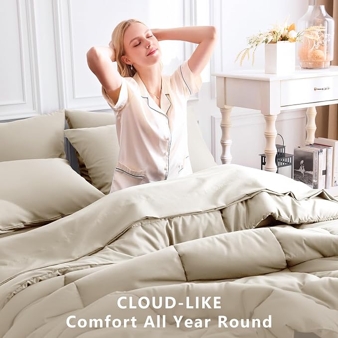 CozyLux Full Size Comforter Sets Oatmeal, 7 Pieces Bed in a Bag, Oatmeal - Image 4