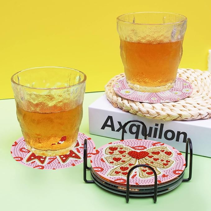 Axquilon 8 Pcs Pink Bow Diamond Art Coasters Kit - Image 5
