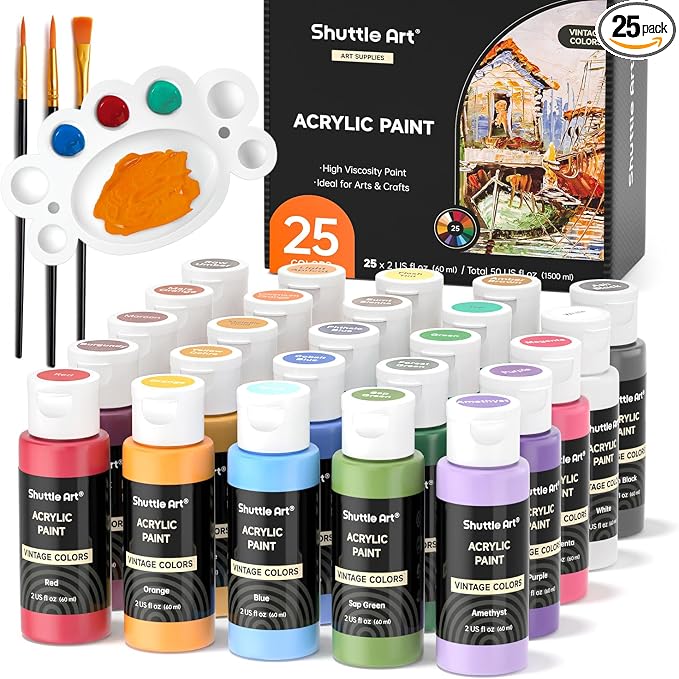 Shuttle Art Acrylic Paint Set, 25 Vintage Colours, 2oz/60ml Bottles, Rich by ShuttleArt