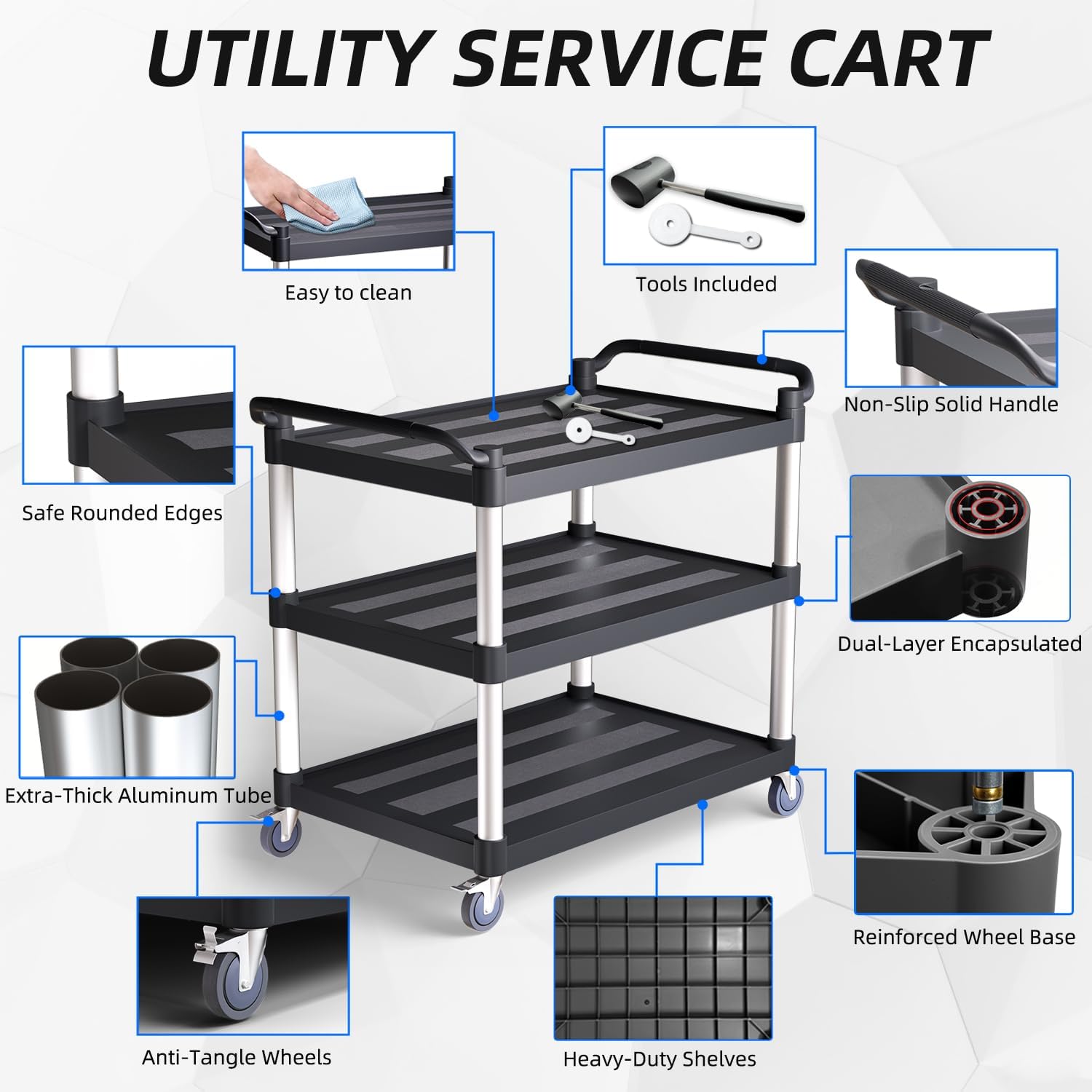 Plastic Utility Cart with Anti-Tangle Wheels, Solid Armrests, 350 Lbs Heavy Duty Capacity, 3-Tier Rolling Serving Cart for Home, Office, Restaurant, Warehouse.34.2" × 17" × 37"