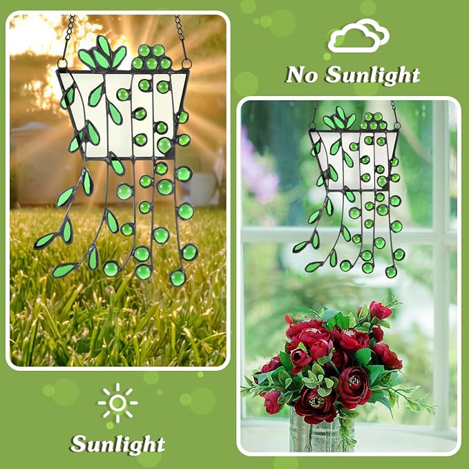 Lewondr Plant Stained Glass Window Hanging, Handcrafted Stained Glass Panels - Image 5