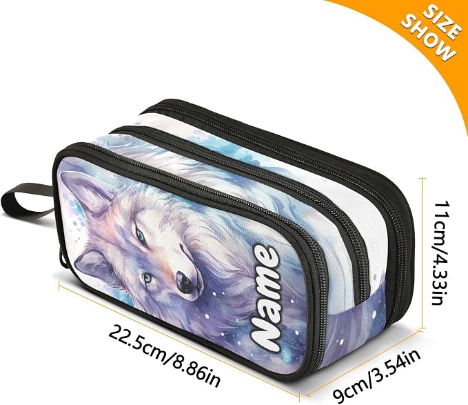 Custom Wolf Watercolor Pencil Case Box Boys Girls Personalized Name Large - Image 7
