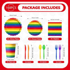 168 Pcs Rainbow Birthday Party Decorations, Serves 24 | Rainbow Stripes Plates - Image 4