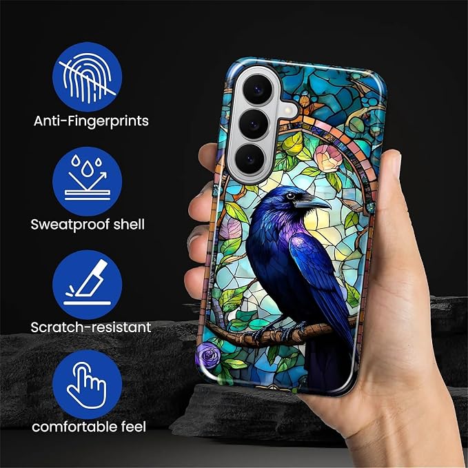 for Samsung Galaxy S26 Case, Crow Faux Stained Glass Pattern Glossy 2 in 1 - Image 6