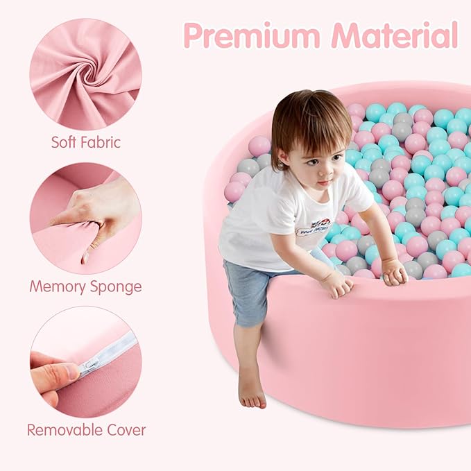 INFANS Foam Ball Pit for Toddlers with 200 Balls, 36"x 12" Large Round Ball Pool Playpen with Soft Memory Sponge Pad, BPA Free, Ideal Gift for Kids Babies Indoor Outdoor (Pink)