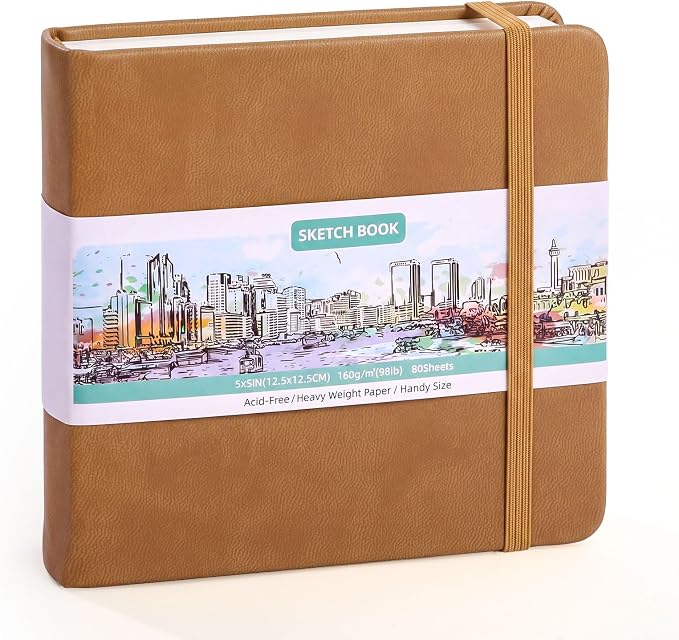 Sketch Book 5 x 5 Inch Small Blank Drawing Pad Brown Cover Portable Square by Prudiut