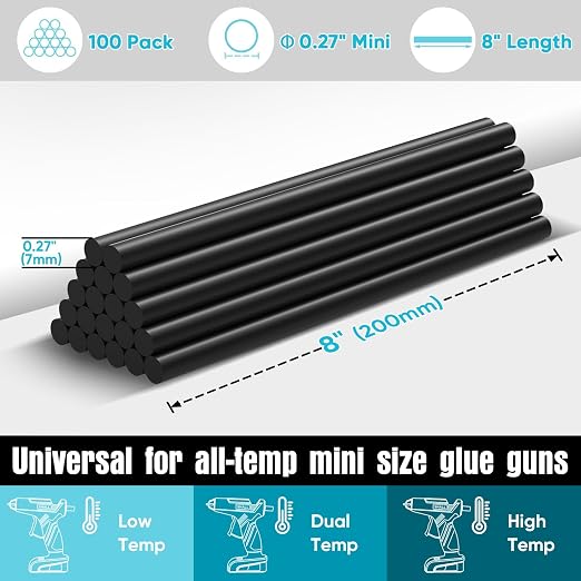 SHALL Mini Hot Glue Sticks, 0.27” Dia x 8” Long, 100 Pack Black Glue Gun Sticks - Image 2