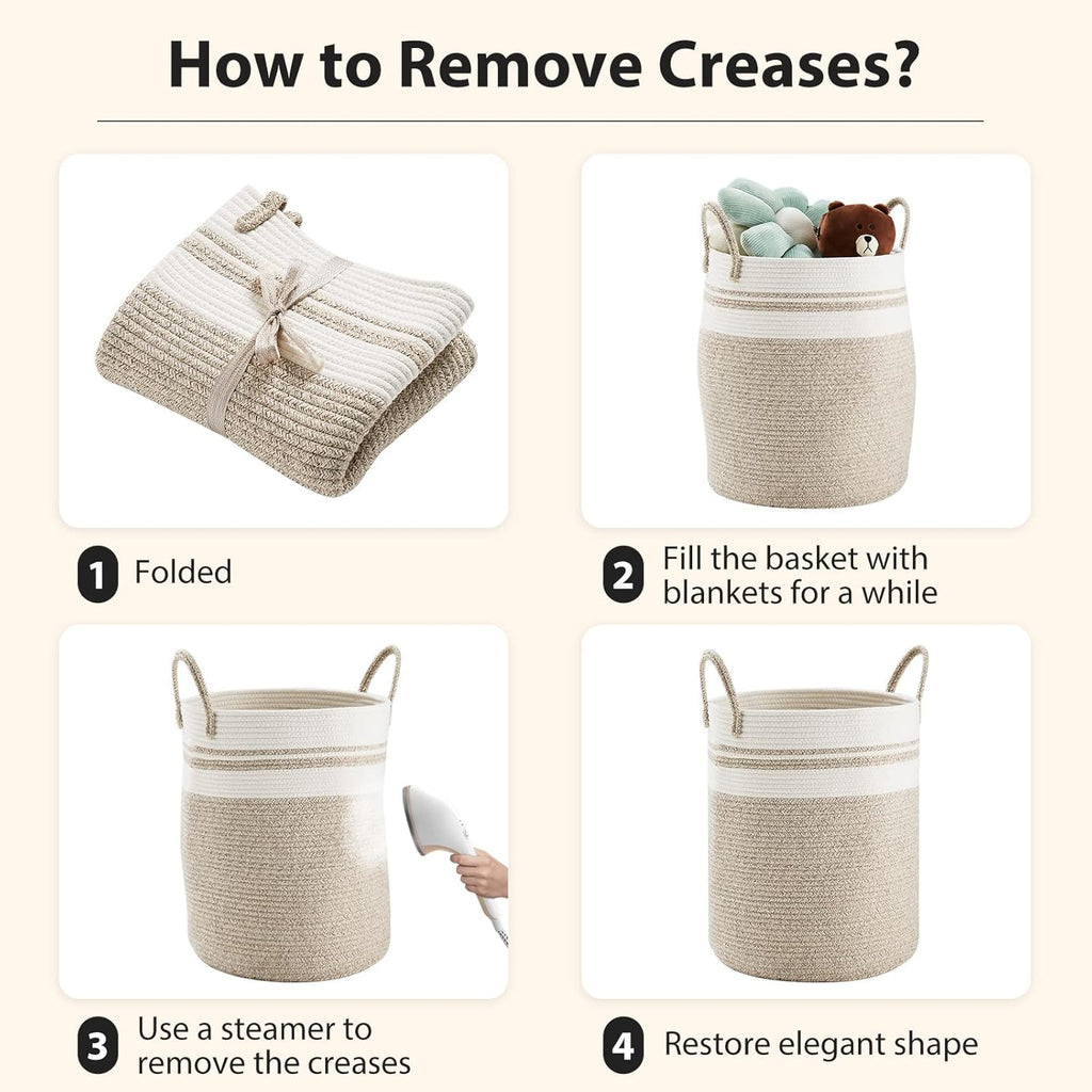 Fiona's magic 72L Large Woven Laundry Hamper, Tall Cotton Rope Storage Basket, Jute Baby Nursery Hamper for Blankets, Toys and Clothes in Bedroom and Living Room Organizing, Brown & White