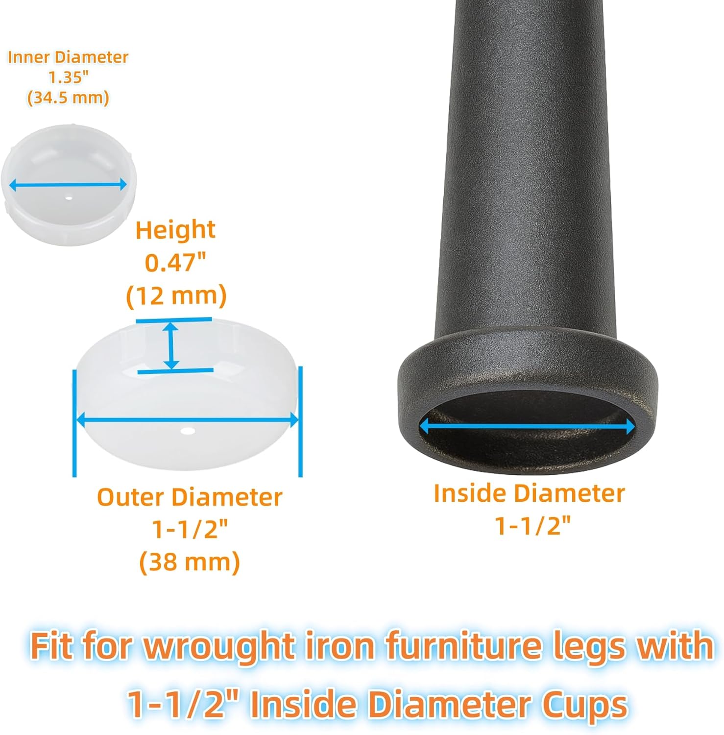 Wrought Iron Patio Furniture Feet Caps - Furnigear 1-1/2" Round Plastic Outdoor Chair Leg Caps, Floor Protectors for Metal Chairs & Tables, Patio Furniture Replacement Rubber Feet (White, 24 Pack)