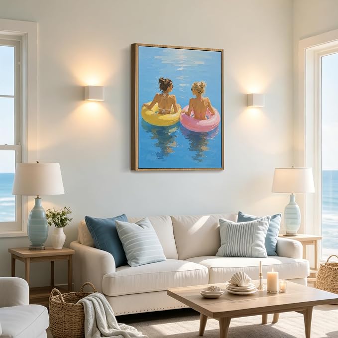 Framed Pastel Beach Float Wall Art Two Women in Colorful Swim Rings on Calm - Image 6