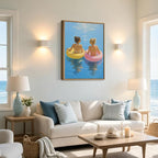 Framed Pastel Beach Float Wall Art Two Women in Colorful Swim Rings on Calm - Image 6