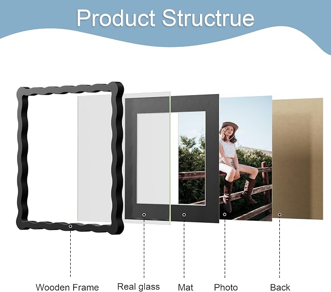 10x10 Picture Frame with Mat for 8x8, Wavy Edge Wooden Real Glass Photo Frame - Image 5