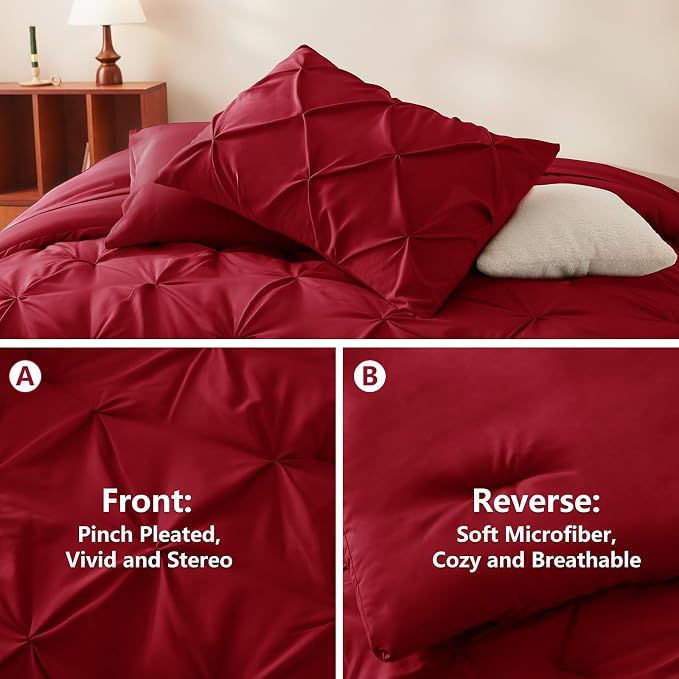 HIMEET Pintuck Bed in a Bag, 7 Pieces Full Size Comforter Set Dark Red - Image 3