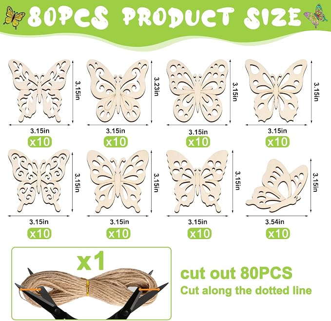 80PCS Unfinished Ornament Wood Crafts, Painting Blank Wooden Cutouts | 8 Styles - Image 2