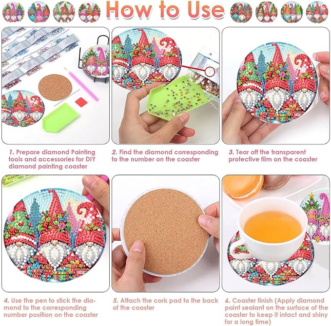 ijbnhd 8 PCS Christmas Diamond Painting Coasters | Christmas Gnome Diamond Art - Image 7