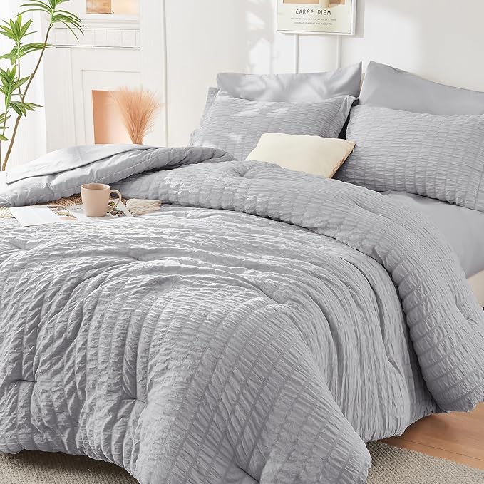 HYMOKEGE Light Grey Queen Comforter Set Seersucker 7 Pieces, All Season Luxury by HYMOKEGE