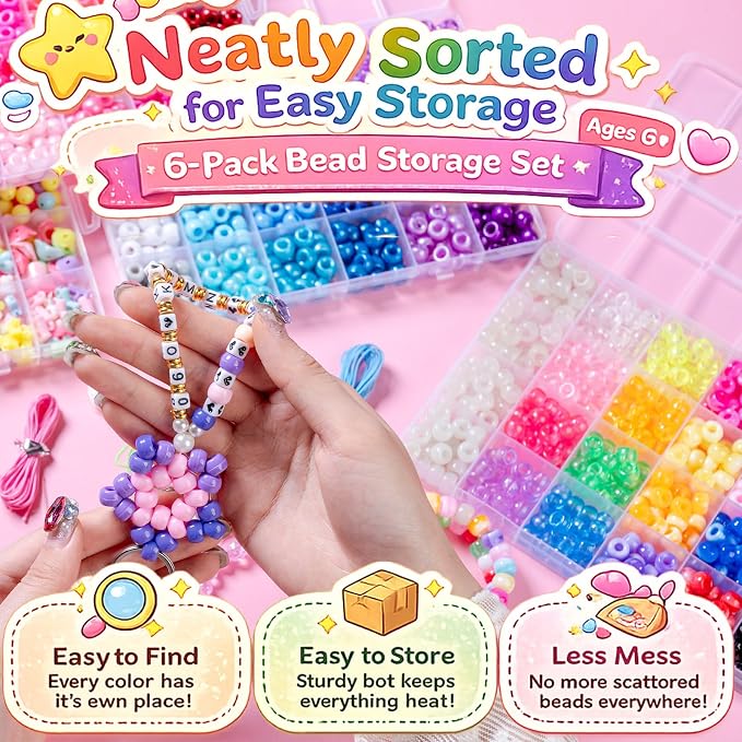 6 Boxes Bracelet Making Kit Pony Beads, 6x9mm Kandi Rave & Hair Beads Set - Image 7