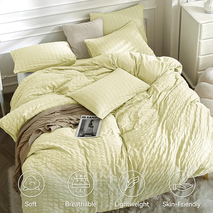 JELLYMONI Light Yellow Duvet Cover King Size, Soft Breathable Seersucker Duvet - Image 2