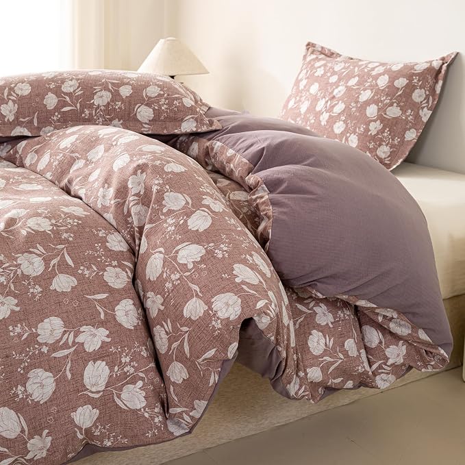 OAITE Purple Flower Queen Size Duvet Cover-3 Pieces Prewashed Cotton-Like - Image 2