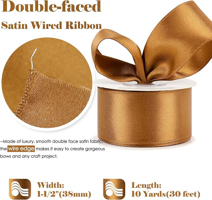 HUIHUANG Copper Satin Wired Ribbon 1-1/2 inch Copper Colored Wire Christmas - Image 2