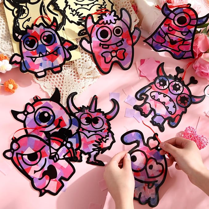 Eersida 32 Sets Valentine's Day Monster Suncatcher Craft Kit, DIY Stained Glass - Image 4