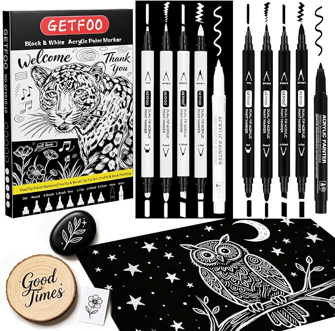 Black & White Acrylic Paint Pens, Dual Tip, 0.7mm Fine Nibs 10 Pack | Opaque Ink - Image 9