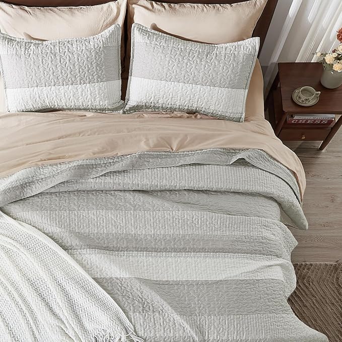 Andency King Size Quilt Set Linen Grey, 3 Pieces Summer Ultra Soft Lightweight - Image 5