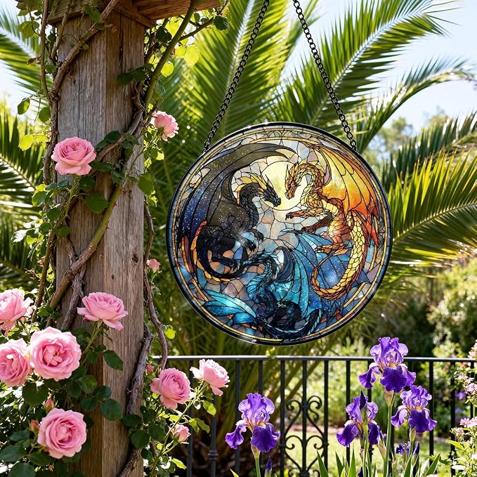 Greatingreat Dragon Stained Glass Window Hanging, 7.87 Inch Bookshelf Decoration - Image 4