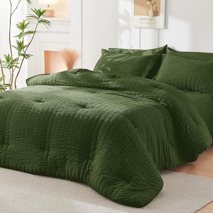 HYMOKEGE Olive Green Twin XL Comforter Set Seersucker 5 Pieces, All Season - Image 8