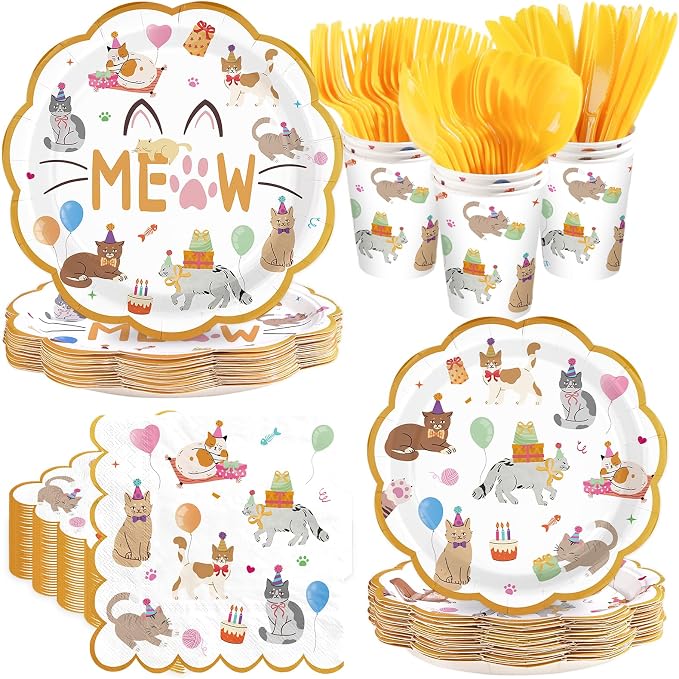168Pcs Cat Themed Birthday Party Supplies Cute Animal Parade Plates Napkins by Greencian