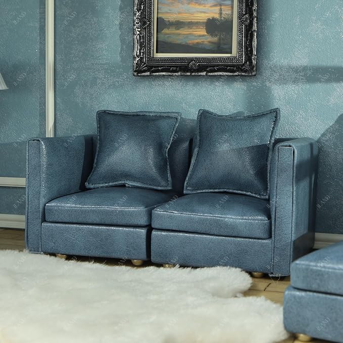iLAND Dollhouse Furniture Sectional Dollhouse Couch Set Blue Faux Leather Sofa - Image 7