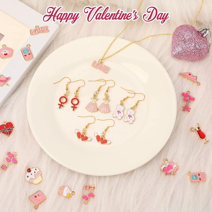 SANNIX 110Pcs Valentine's Day Charms Gold Enamel Jewelry Making Charm Pink - Image 4