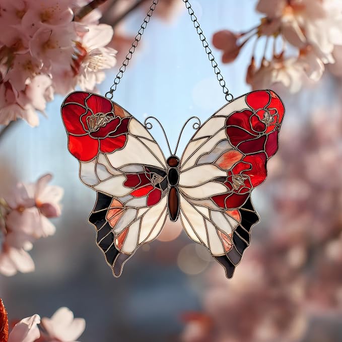 Red Poppy Butterfly Acrylic Suncatcher, Faux Stained Glass Indoor Window by Unknown