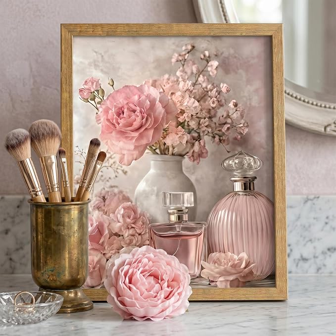 REWBKFIM Pink Floral Canvas Wall Art Vintage Perfume Bottle Rose Flower - Image 3