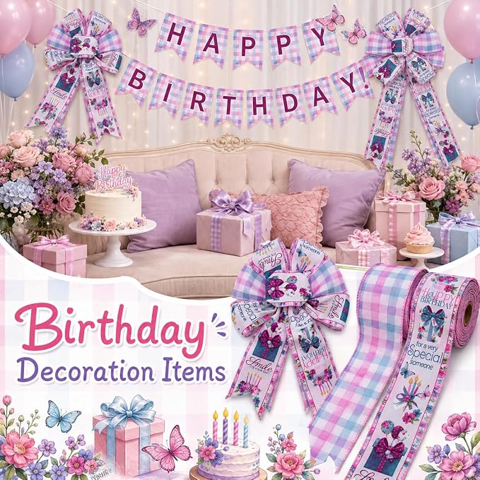 Birthday Wired Edge Ribbon, 2 Rolls 2.5 Inch x 10 Yards Each, Birthday Party - Image 9