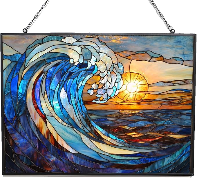 Rectangle Art Nouveau Spiral Ocean Wave Stained Glass Window Hanging, by 365CUSGIFTS