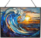 Rectangle Art Nouveau Spiral Great Wave Stained Glass Window Hanging, by 365CUSGIFTS