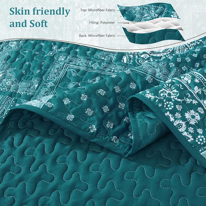 Cottolester Teal Patchwork Quilt Set King Size, 3 Pieces Boho Paisley Quilt Set - Image 4