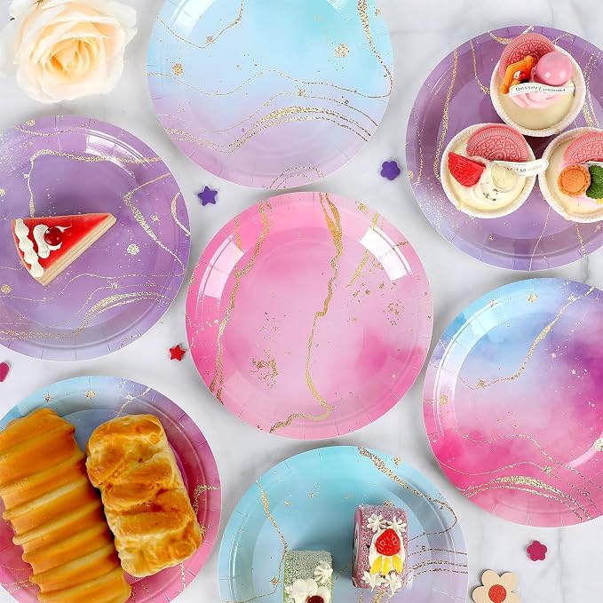 Lonfliness 48PCS Tie Dye Paper Plates 7inch Pink and Purple - Image 4