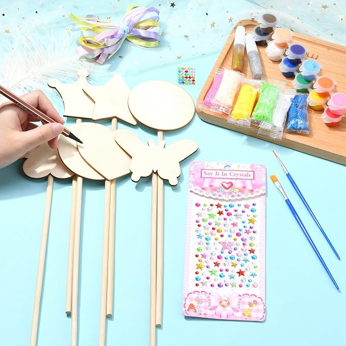 14 pcs Princess Wand Theme Undyed Wooden Cutouts Flower Crown Butterfly Star - Image 5