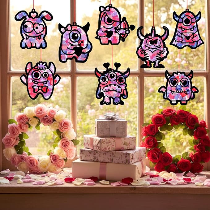 Eersida 32 Sets Valentine's Day Monster Suncatcher Craft Kit, DIY Stained Glass - Image 8