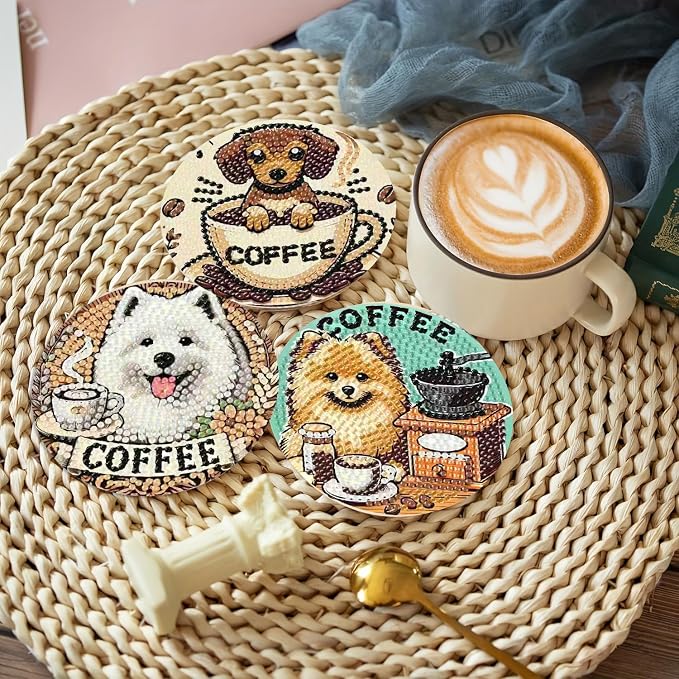 Clendo 8 PCS Coffee Dog Diamond Art Coaster Kits - Image 3