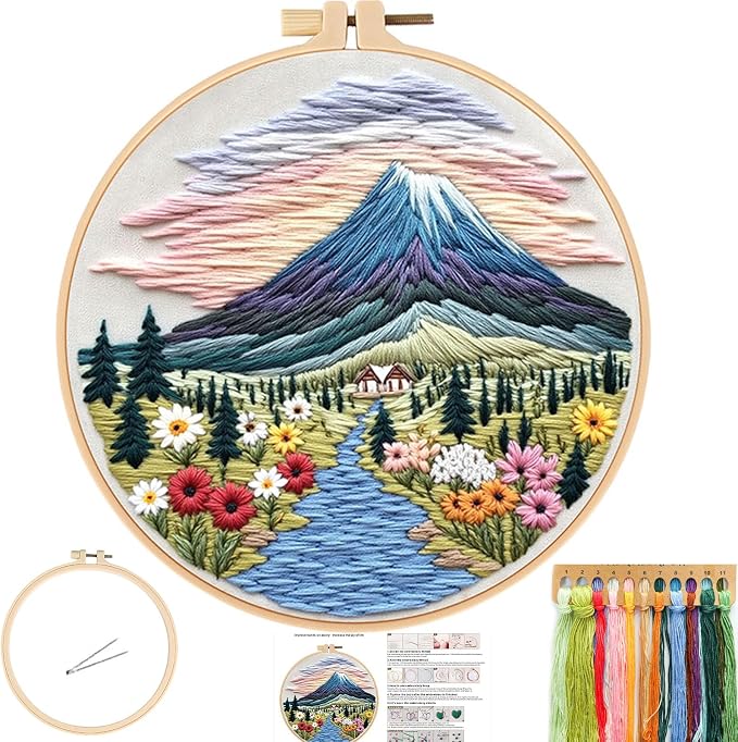 FONNUY Embroidery Kit for Beginners, Flower Hill Nature Landscape Pre-Stamped by FONNUY