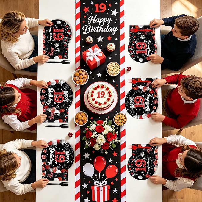 96Pcs Red and Black Party Decorations Happy 19th Birthday Plates and Napkins - Image 7